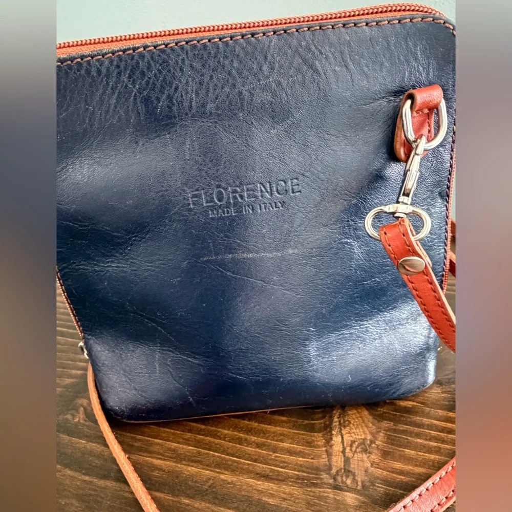 Florence Made in Italy Navy & Brown Leather Crossbody with Silver Tone Hardware